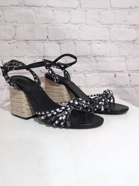 Schutz Dahra Block Heel Strappy Sandals Black White size 9 Gigham Bandana Print